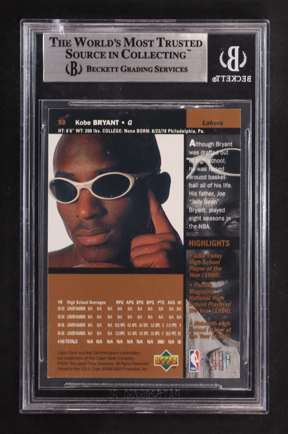 Kobe Bryant 1996-97 Upper Deck #58 RC (BGS 8.5) at PristineAuction.com Kobe Bryant 1996-97 Upper Deck #58 RC (BGS 8.5) at PristineAuction.com