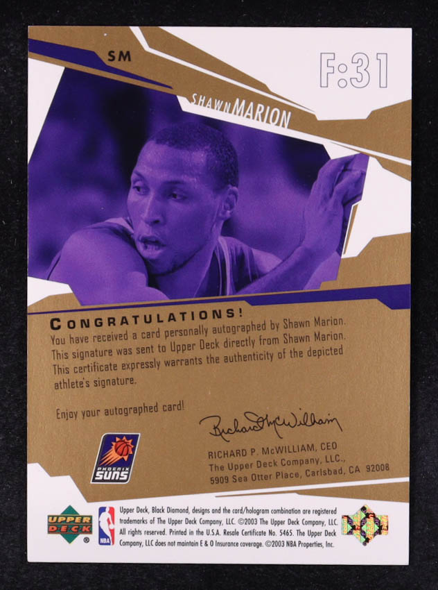 Shawn Marion 2003-04 Black Diamond 24 Karat Signatures #SM at PristineAuction.com Shawn Marion 2003-04 Black Diamond 24 Karat Signatures #SM at PristineAuction.com