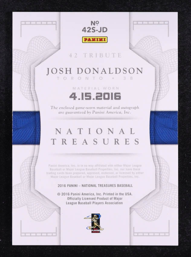 Josh Donaldson 2016 Panini National Treasures 42 Tribute Material Signatures #42JD #33/49 at PristineAuction.com Josh Donaldson 2016 Panini National Treasures 42 Tribute Material Signatures #42JD #33/49 at PristineAuction.com