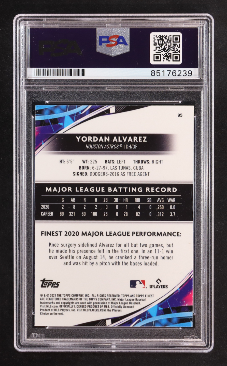 Yordan Alvarez Signed 2021 Topps Finest #95 (PSA Encapsulated) at PristineAuction.com Yordan Alvarez Signed 2021 Topps Finest #95 (PSA Encapsulated) at PristineAuction.com