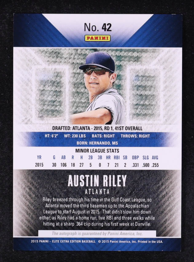 Austin Riley 2015 Elite Extra Edition Prospect Autographs #42 RC at PristineAuction.com Austin Riley 2015 Elite Extra Edition Prospect Autographs #42 RC at PristineAuction.com