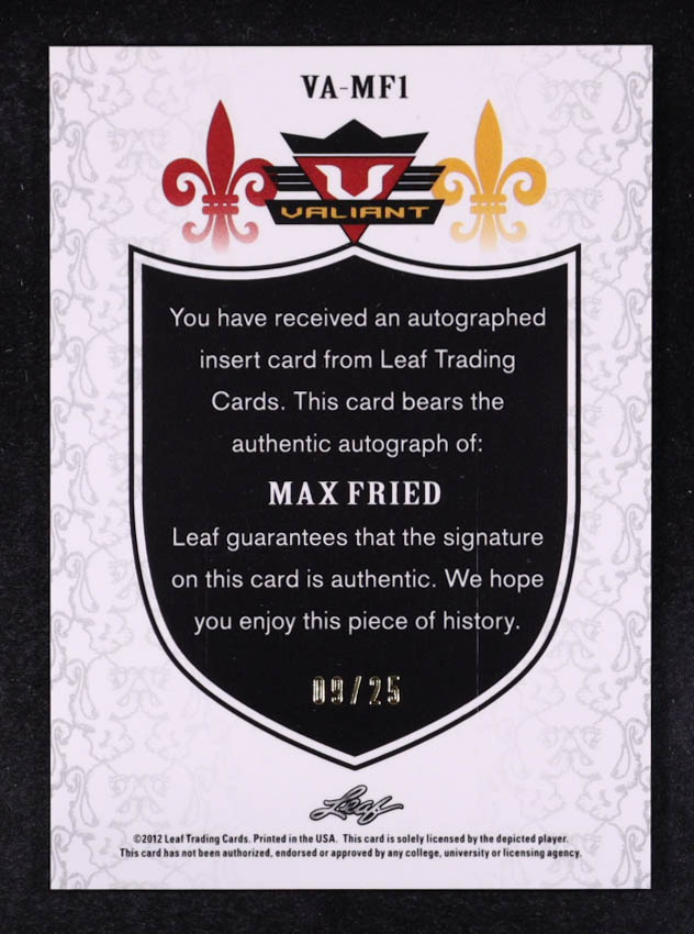 Max Fried 2012 Leaf Valiant Draft Blue #MF1 #09/25 RC at PristineAuction.com Max Fried 2012 Leaf Valiant Draft Blue #MF1 #09/25 RC at PristineAuction.com