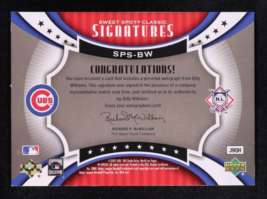 Billy Williams 2007 Sweet Spot Classic Signatures Silver Stitch Blue Ink #SPSBW #23/26 at PristineAuction.com Billy Williams 2007 Sweet Spot Classic Signatures Silver Stitch Blue Ink #SPSBW #23/26 at PristineAuction.com