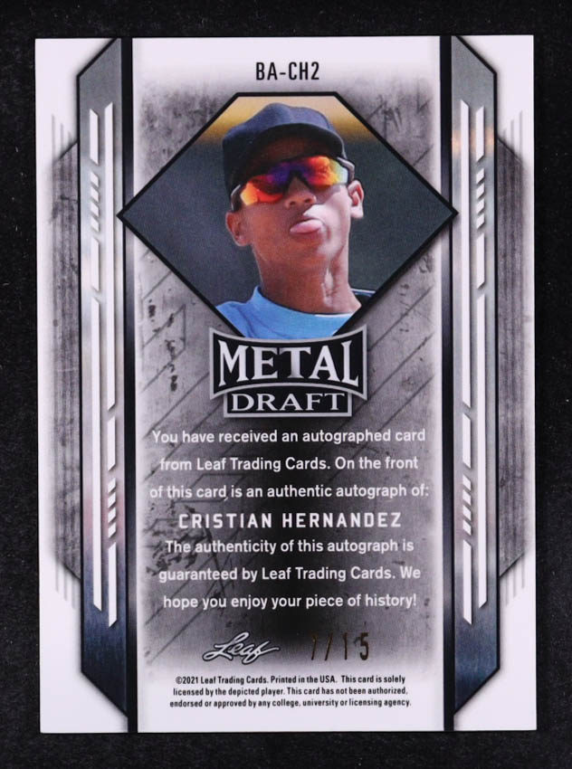 Cristian Hernandez 2021 Leaf Metal Draft Purple Shimmer Autographs #BACH2 #7/15 RC at PristineAuction.com Cristian Hernandez 2021 Leaf Metal Draft Purple Shimmer Autographs #BACH2 #7/15 RC at PristineAuction.com