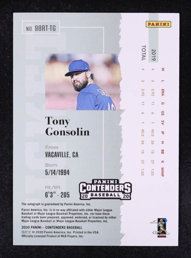 Tony Gonsolin 2020 Panini Contenders Optic Rookie Ticket Autographs #15 RC at PristineAuction.com Tony Gonsolin 2020 Panini Contenders Optic Rookie Ticket Autographs #15 RC at PristineAuction.com