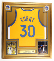 Stephen Curry Signed Custom Framed Jersey Display with Finals Pin & Team Logo Patch (JSA) at PristineAuction.com
