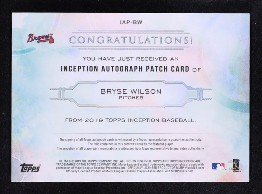 Bryse Wilson 2019 Topps Inception Patch Autographs #IAPBW #109/199 RC at PristineAuction.com Bryse Wilson 2019 Topps Inception Patch Autographs #IAPBW #109/199 RC at PristineAuction.com