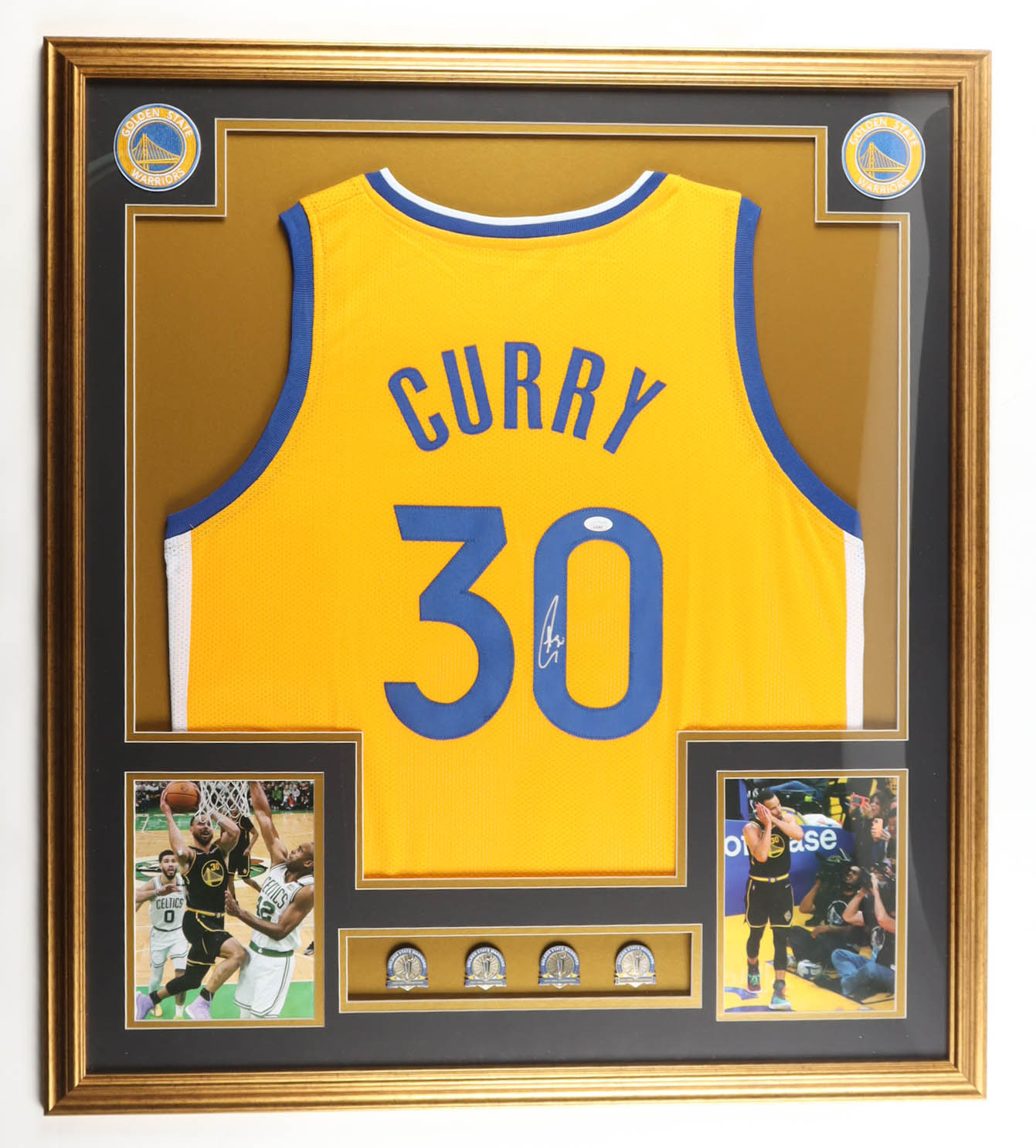 Stephen Curry Signed Custom Framed Jersey Display with (4) Finals Pins & (2) Team Logo Patches (JSA) at PristineAuction.com Stephen Curry Signed Custom Framed Jersey Display with (4) Finals Pins & (2) Team Logo Patches (JSA) at PristineAuction.com