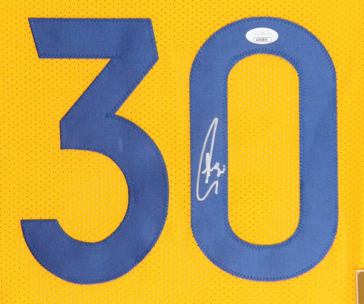 Stephen Curry Signed Custom Framed Jersey Display with (4) Finals Pins & (2) Team Logo Patches (JSA) at PristineAuction.com Stephen Curry Signed Custom Framed Jersey Display with (4) Finals Pins & (2) Team Logo Patches (JSA) at PristineAuction.com