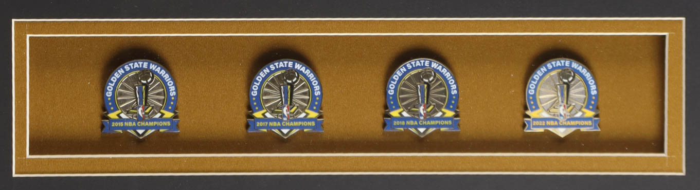 Stephen Curry Signed Custom Framed Jersey Display with (4) Finals Pins & (2) Team Logo Patches (JSA) at PristineAuction.com Stephen Curry Signed Custom Framed Jersey Display with (4) Finals Pins & (2) Team Logo Patches (JSA) at PristineAuction.com