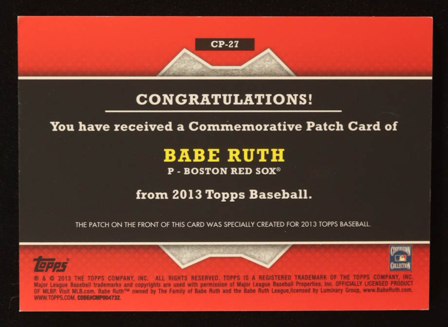 Babe Ruth 2013 Topps Manufactured Commemorative Patch #CP27 at PristineAuction.com Babe Ruth 2013 Topps Manufactured Commemorative Patch #CP27 at PristineAuction.com
