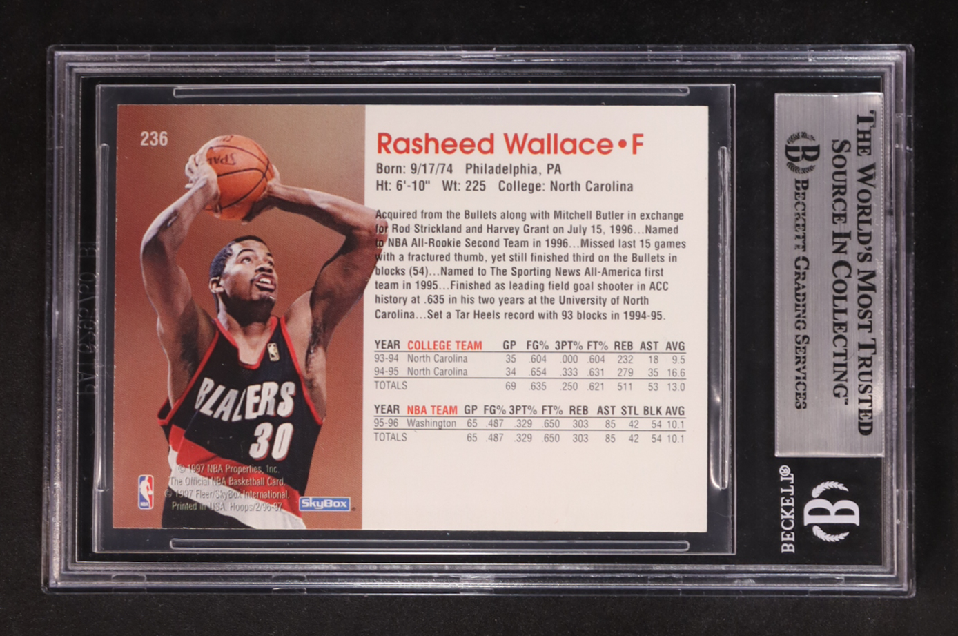 Rasheed Wallace Signed 1996-97 Hoops #236 (BGS Encapsulated) at PristineAuction.com Rasheed Wallace Signed 1996-97 Hoops #236 (BGS Encapsulated) at PristineAuction.com