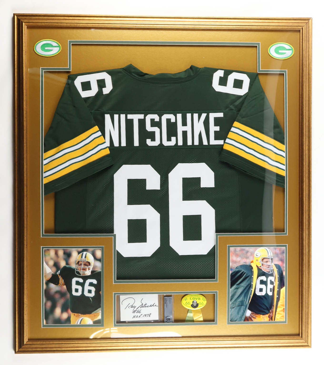 Ray Nitschke Signed Custom Framed Cut Display with Jersey & Vintage Ribbon Pin Inscribed "H.O.F. 1978" (Beckett) at PristineAuction.com Ray Nitschke Signed Custom Framed Cut Display with Jersey & Vintage Ribbon Pin Inscribed "H.O.F. 1978" (Beckett) at PristineAuction.com