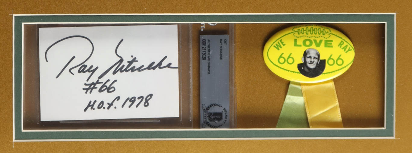 Ray Nitschke Signed Custom Framed Cut Display with Jersey & Vintage Ribbon Pin Inscribed "H.O.F. 1978" (Beckett) at PristineAuction.com Ray Nitschke Signed Custom Framed Cut Display with Jersey & Vintage Ribbon Pin Inscribed "H.O.F. 1978" (Beckett) at PristineAuction.com