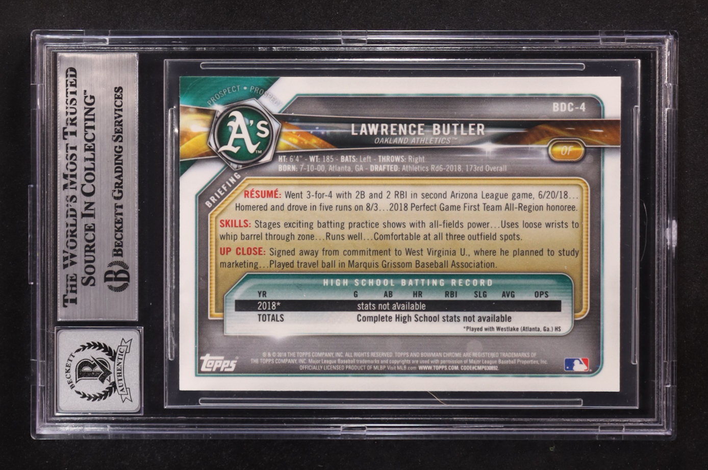 Lawrence Butler Signed 2018 Bowman Chrome Draft #BDC4 (BGS Encapsulated) at PristineAuction.com Lawrence Butler Signed 2018 Bowman Chrome Draft #BDC4 (BGS Encapsulated) at PristineAuction.com