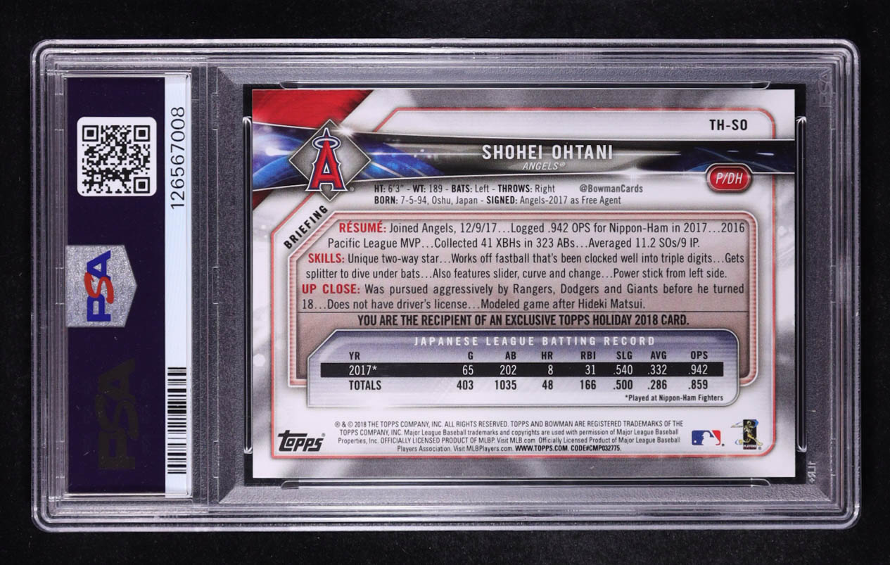 Shohei Ohtani 2018 Topps Bowman Holiday #THSO RC (PSA 9) at PristineAuction.com Shohei Ohtani 2018 Topps Bowman Holiday #THSO RC (PSA 9) at PristineAuction.com