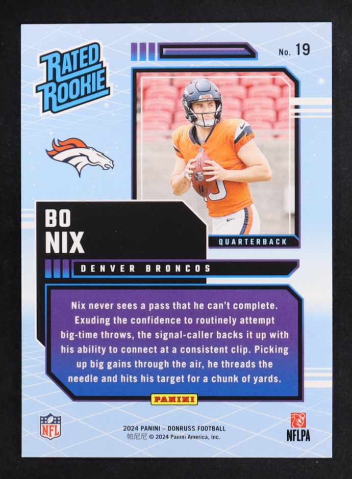 Bo Nix 2024 Donruss Rated Rookies Retro #19 RC at PristineAuction.com Bo Nix 2024 Donruss Rated Rookies Retro #19 RC at PristineAuction.com