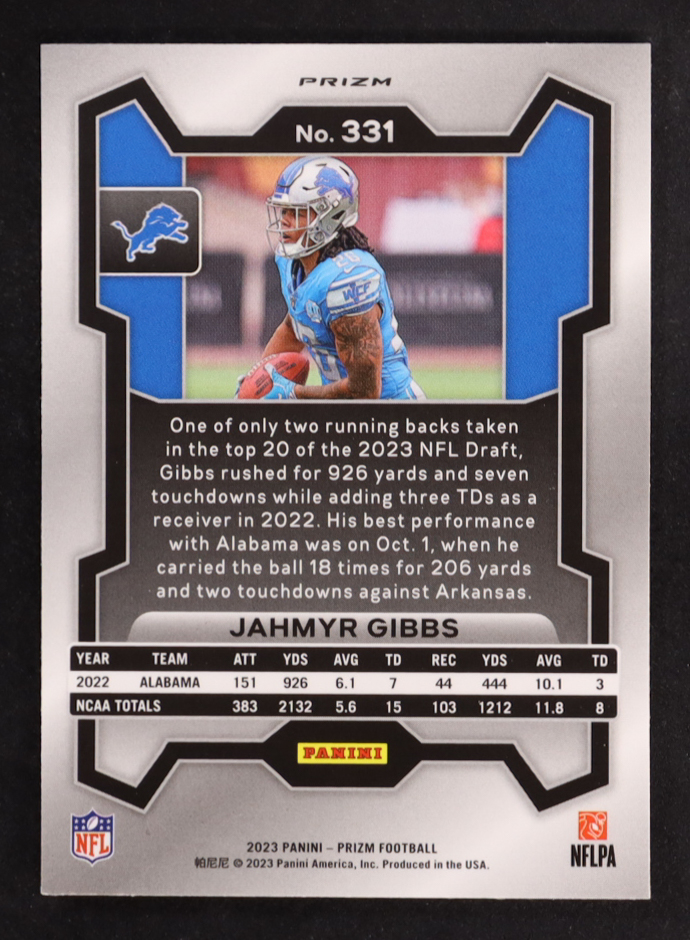 Jahmyr Gibbs 2023 Panini Prizm Prizms Orange Lazer #331 RC at PristineAuction.com Jahmyr Gibbs 2023 Panini Prizm Prizms Orange Lazer #331 RC at PristineAuction.com