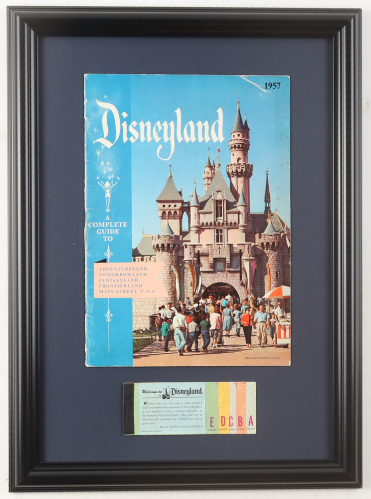 1957 Disneyland Custom Framed On Site Guide Display with Vintage Ticket Book at PristineAuction.com 1957 Disneyland Custom Framed On Site Guide Display with Vintage Ticket Book at PristineAuction.com