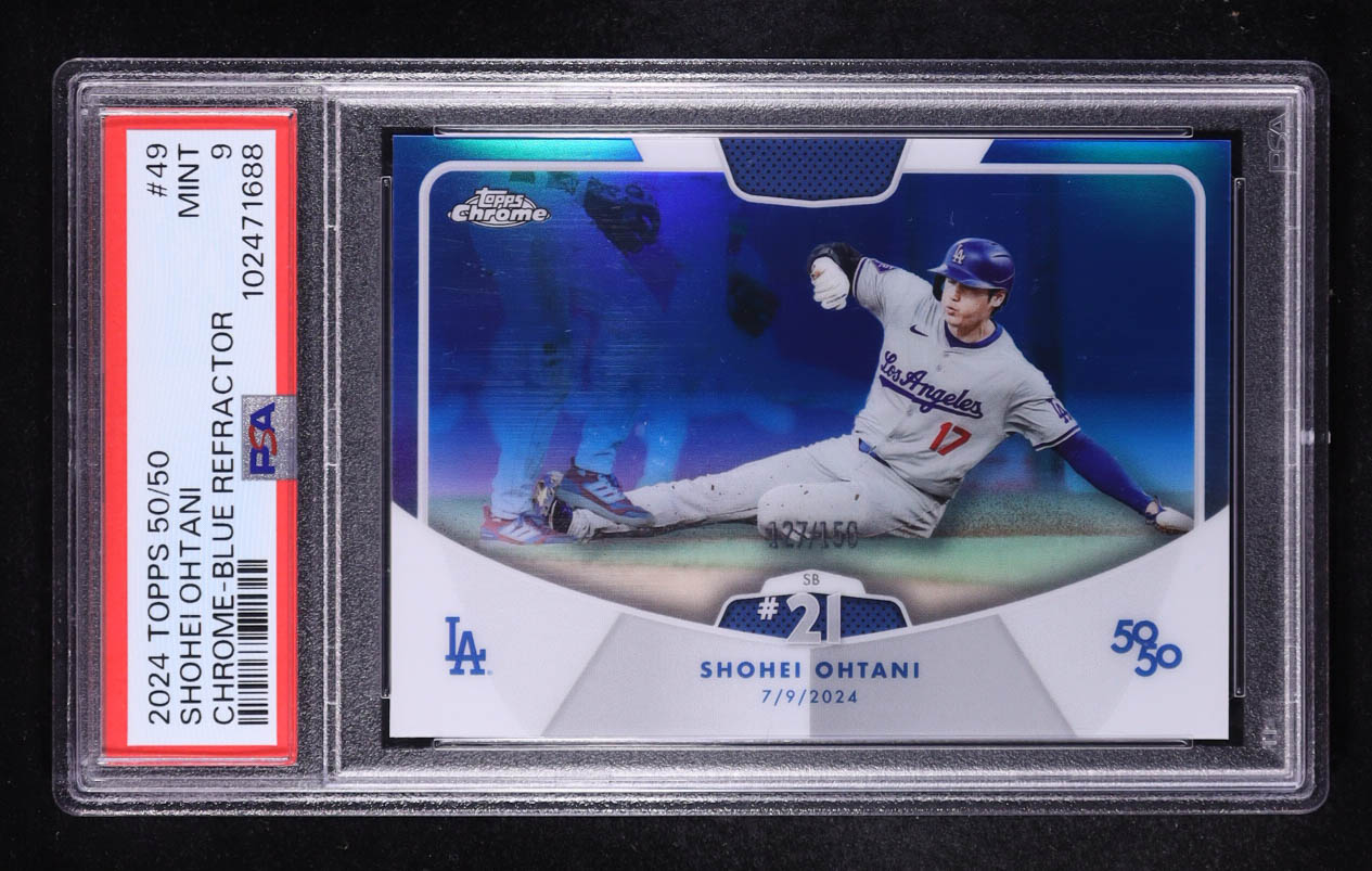 Shohei Ohtani 2024 Topps 50/50 Ohtani Chrome Blue Refractors #49 (PSA 9) at PristineAuction.com Shohei Ohtani 2024 Topps 50/50 Ohtani Chrome Blue Refractors #49 (PSA 9) at PristineAuction.com