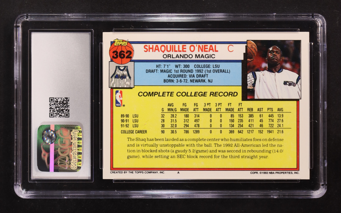 Shaquille O'Neal 1992-93 Topps #362 RC (CGC 9.5) at PristineAuction.com Shaquille O'Neal 1992-93 Topps #362 RC (CGC 9.5) at PristineAuction.com