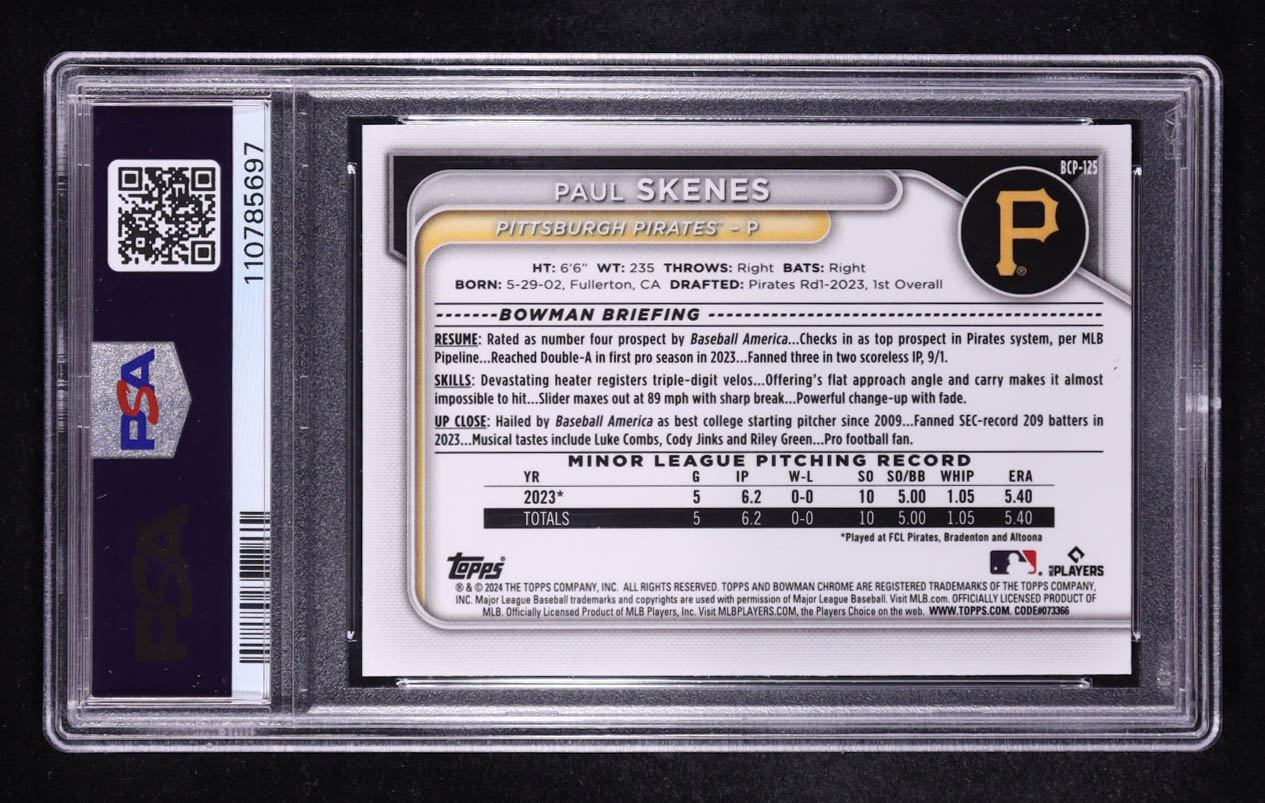 Paul Skenes 2024 Bowman Chrome Mega Box Prospects #BCP125 RC (PSA 10) at PristineAuction.com Paul Skenes 2024 Bowman Chrome Mega Box Prospects #BCP125 RC (PSA 10) at PristineAuction.com