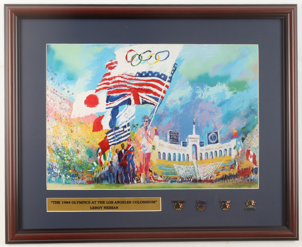 "1984 Los Angeles Olympics Opening Ceremony" Custom Framed LeRoy Neiman Art Print Display with (4) Olympic Pins & Title Plaque at PristineAuction.com "1984 Los Angeles Olympics Opening Ceremony" Custom Framed LeRoy Neiman Art Print Display with (4) Olympic Pins & Title Plaque at PristineAuction.com