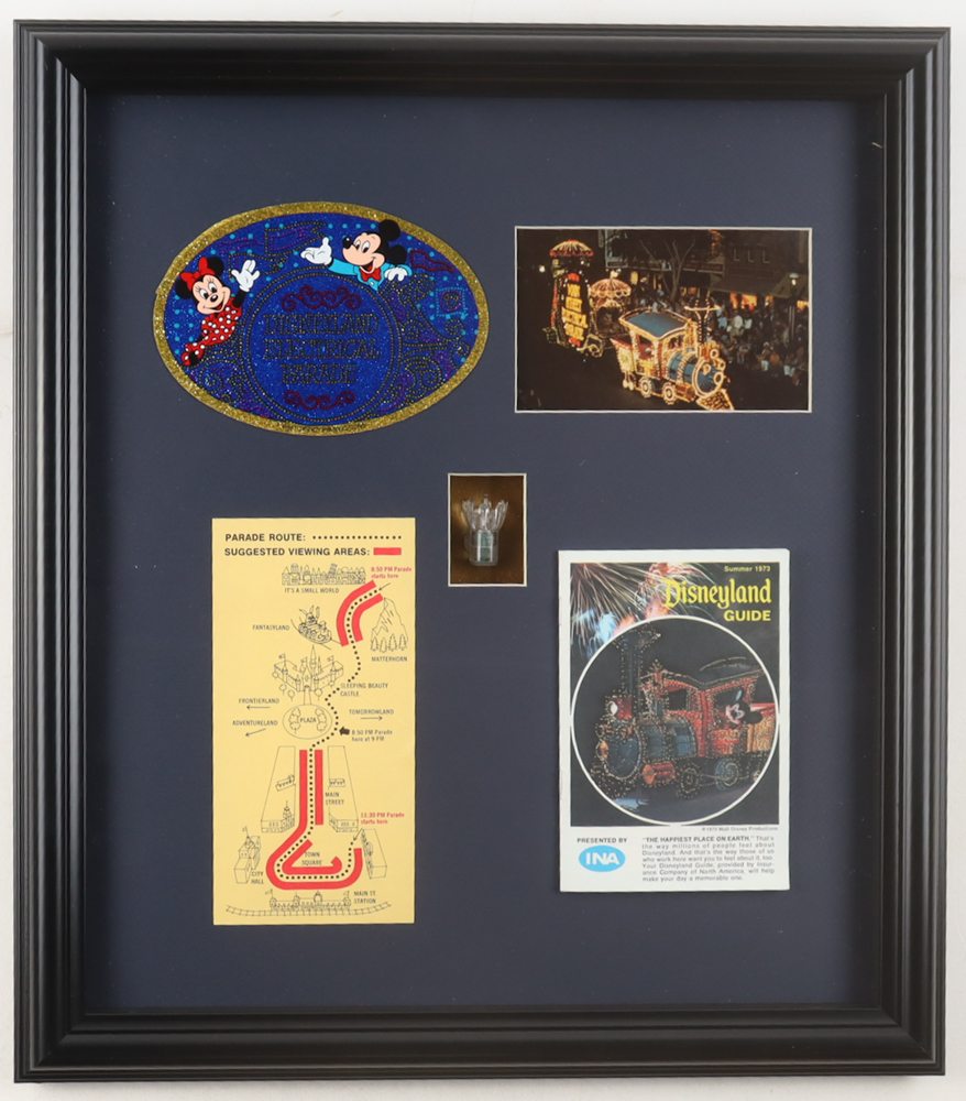 Disneyland "The Electrical Parade" Custom Framed Decal Display with Postcard, Disneyland Parade Used Vintage Light Bulb, & Guide Booklet at PristineAuction.com Disneyland "The Electrical Parade" Custom Framed Decal Display with Postcard, Disneyland Parade Used Vintage Light Bulb, & Guide Booklet at PristineAuction.com