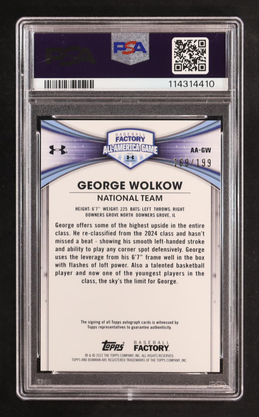 George Wolkow 2024 Bowman Baseball Factory All-American Game Auto #AA-GW RC #169/199 (PSA 9) at PristineAuction.com George Wolkow 2024 Bowman Baseball Factory All-American Game Auto #AA-GW RC #169/199 (PSA 9) at PristineAuction.com