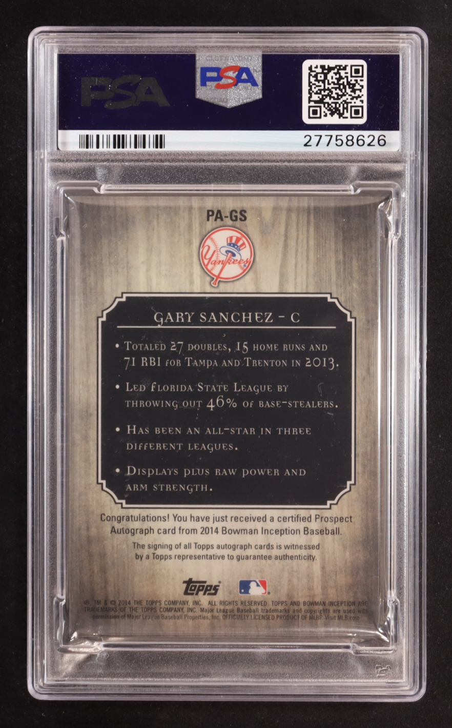 Gary Sanchez 2014 Bowman Inception Prospect Auto #PA-GS RC (PSA 10) at PristineAuction.com Gary Sanchez 2014 Bowman Inception Prospect Auto #PA-GS RC (PSA 10) at PristineAuction.com