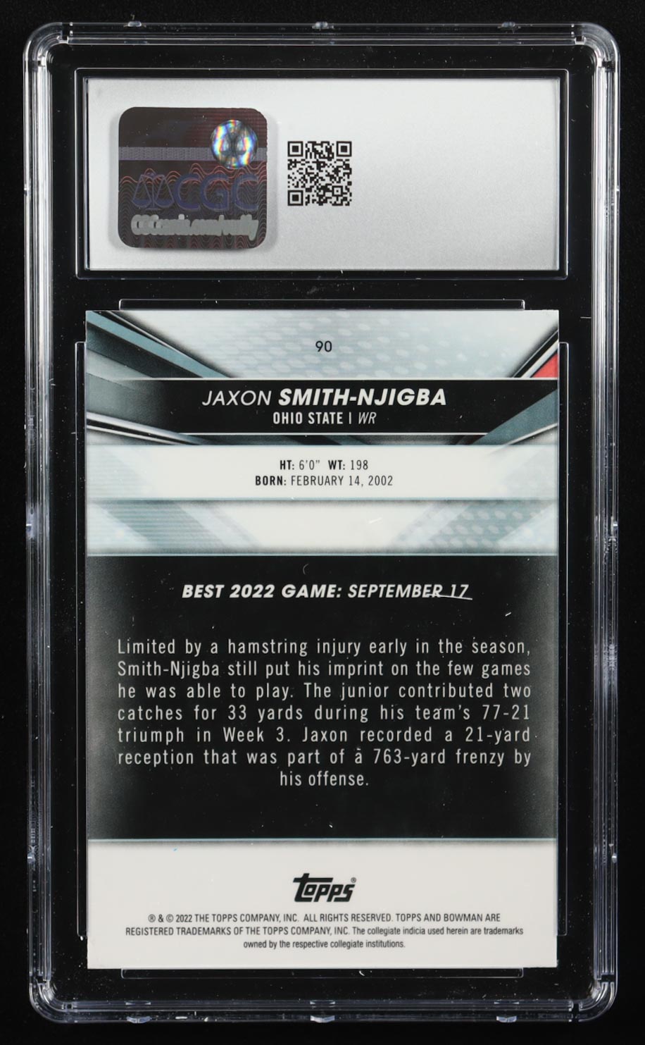 Jaxon Smith-Njigba 2022 Bowman's Best University #90 RC (CGC 9.5) at PristineAuction.com Jaxon Smith-Njigba 2022 Bowman's Best University #90 RC (CGC 9.5) at PristineAuction.com