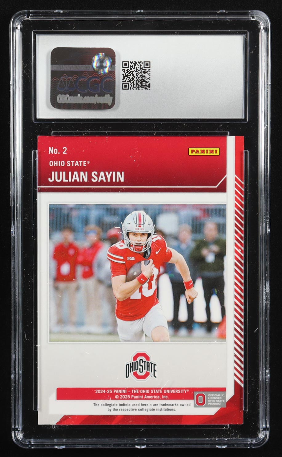 Julian Sayin 2024-25 The Ohio State University Panini College Contenders School Colors #2 RC (CGC 9) at PristineAuction.com Julian Sayin 2024-25 The Ohio State University Panini College Contenders School Colors #2 RC (CGC 9) at PristineAuction.com
