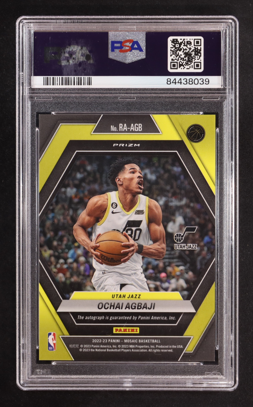 Ochai Agbaji 2022-23 Panini Mosaic Rookie Autographs #RA-AGB RC (PSA 10) at PristineAuction.com Ochai Agbaji 2022-23 Panini Mosaic Rookie Autographs #RA-AGB RC (PSA 10) at PristineAuction.com