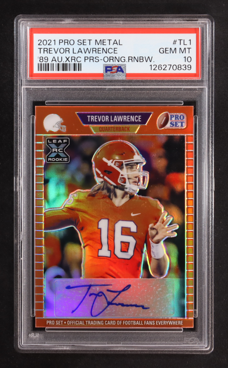 Trevor Lawrence 2021 Leaf Pro Set Metal '89 Rainbow Orange XRC Autographs #TL-1 RC #2/15 (PSA 10) at PristineAuction.com Trevor Lawrence 2021 Leaf Pro Set Metal '89 Rainbow Orange XRC Autographs #TL-1 RC #2/15 (PSA 10) at PristineAuction.com