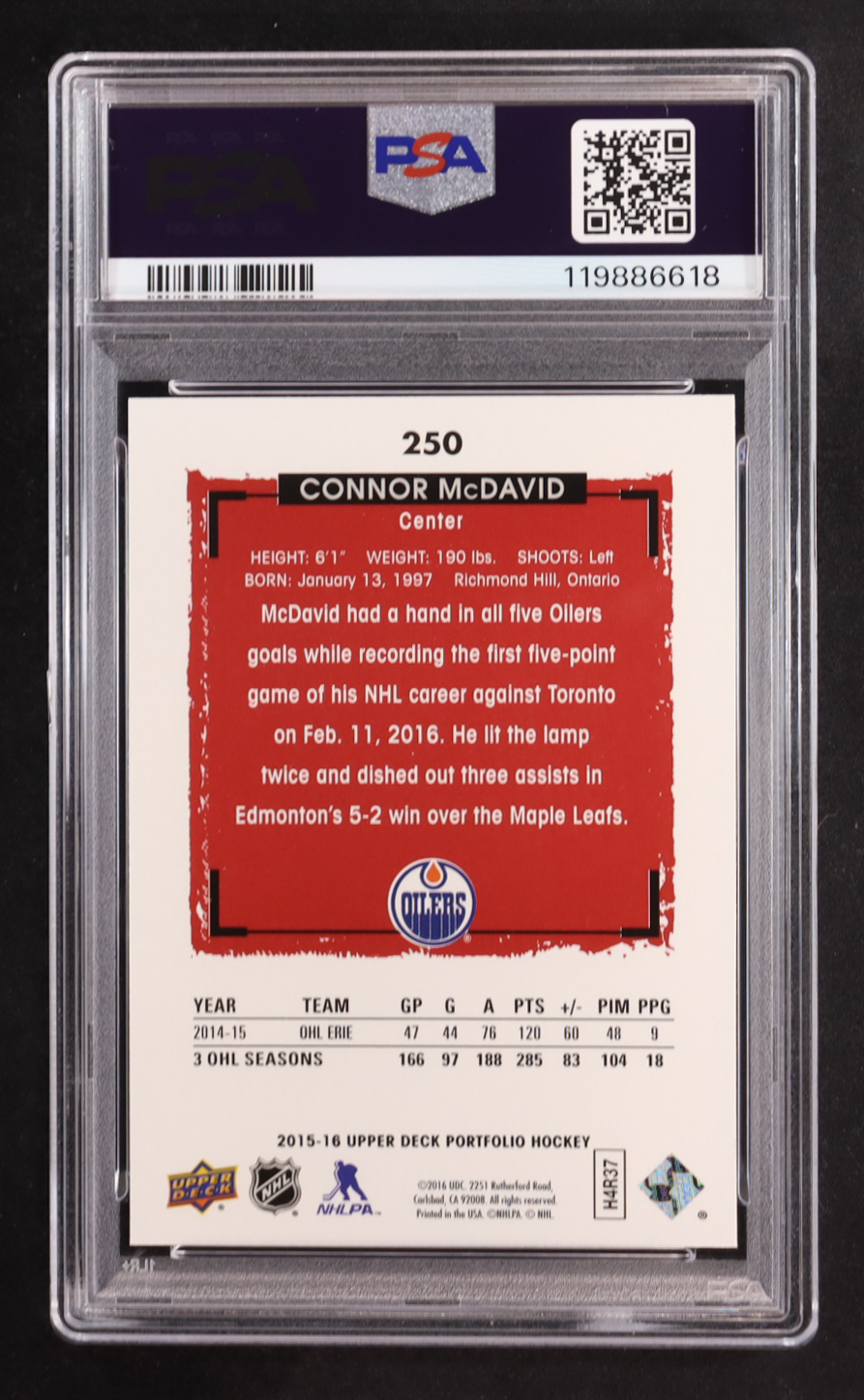 Connor McDavid 2015-16 Upper Deck Portfolio #250 RC (PSA 10) at PristineAuction.com Connor McDavid 2015-16 Upper Deck Portfolio #250 RC (PSA 10) at PristineAuction.com