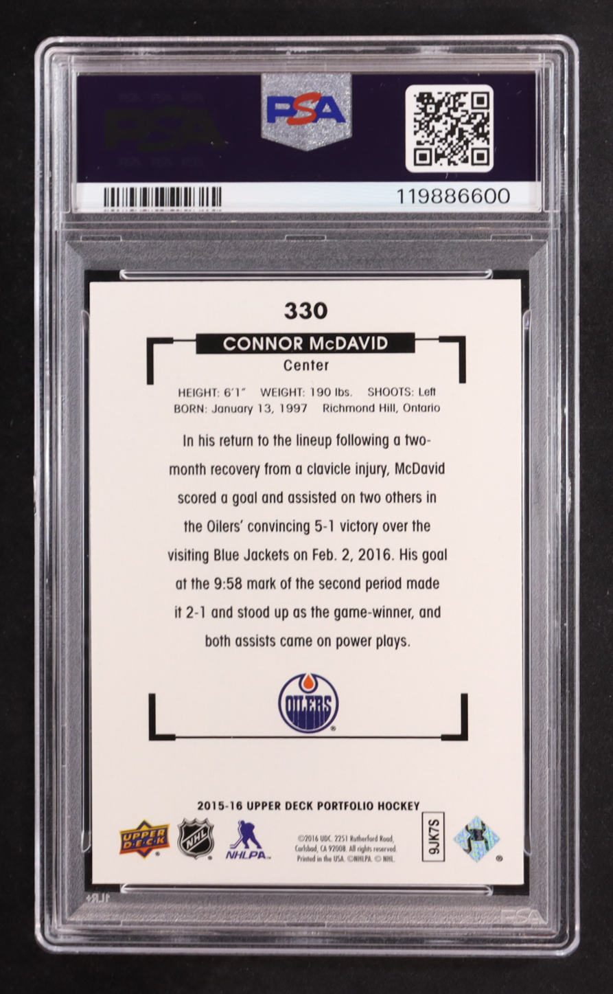 Connor McDavid 2015-16 Upper Deck Portfolio #330 RC (PSA 10) at PristineAuction.com Connor McDavid 2015-16 Upper Deck Portfolio #330 RC (PSA 10) at PristineAuction.com