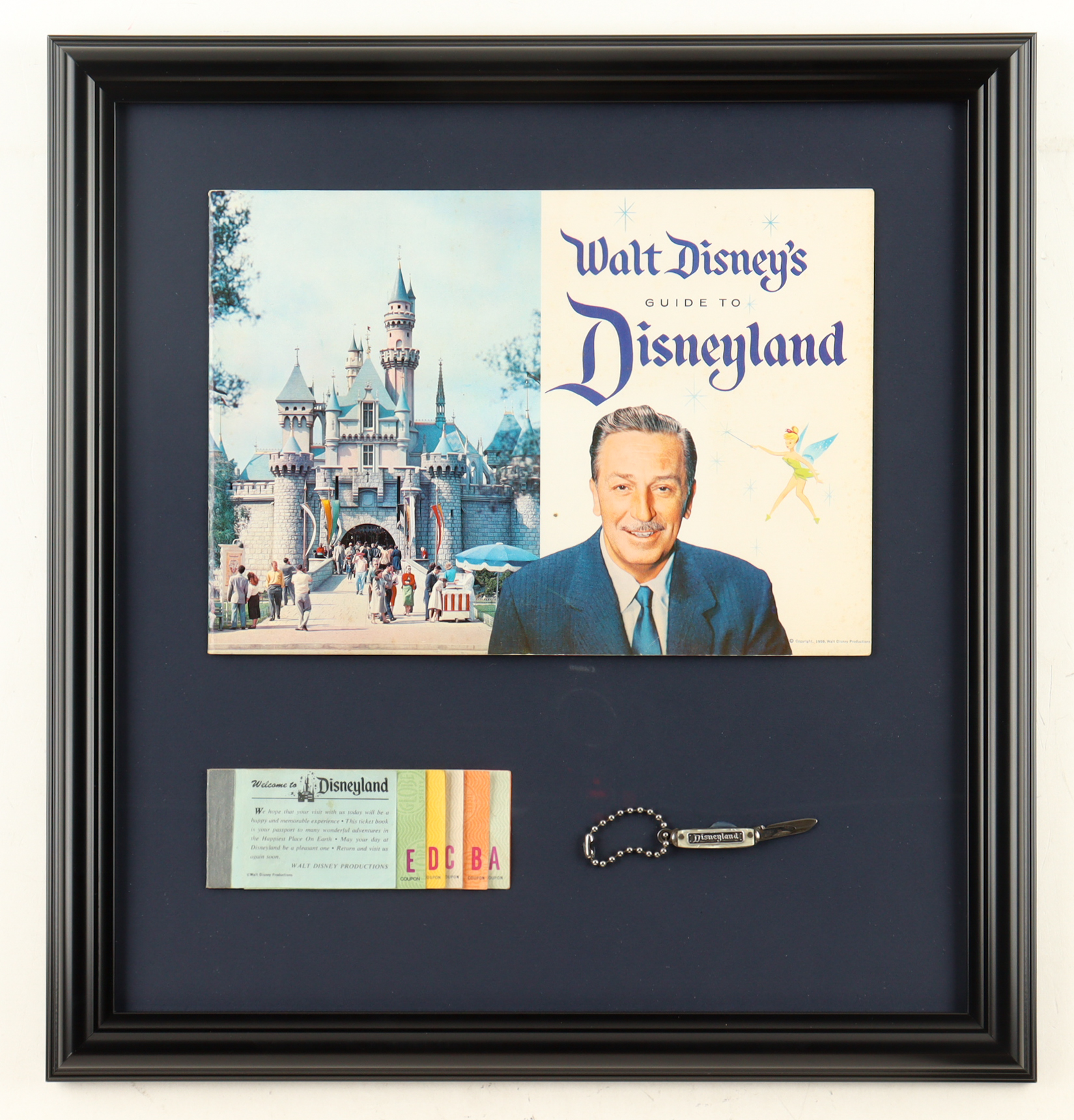 1958 "Walt Disney's Guide To Disneyland" Custom Framed Guide Display with Vintage Ticket Book & Pocket Knife at PristineAuction.com 1958 "Walt Disney's Guide To Disneyland" Custom Framed Guide Display with Vintage Ticket Book & Pocket Knife at PristineAuction.com