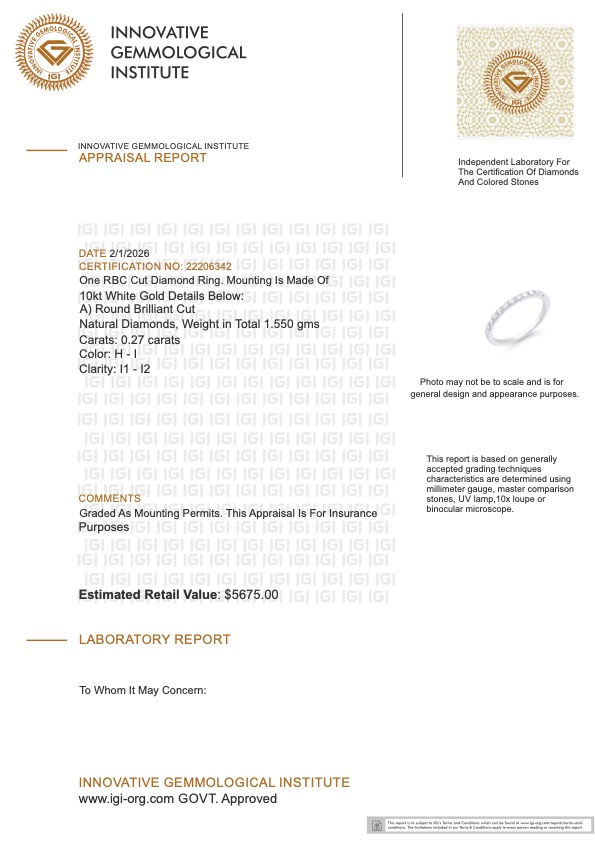0.27 CTW Natural Diamond Ring Mounted In White Gold H-I, I1-I2 | Estimated Retail Value: $5,675 (IGI) at PristineAuction.com 0.27 CTW Natural Diamond Ring Mounted In White Gold H-I, I1-I2 | Estimated Retail Value: $5,675 (IGI) at PristineAuction.com