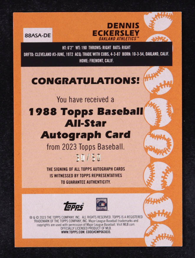 Dennis Eckersley 2023 Topps '88 Topps All Star Autographs Black #88ASADE #30/50 at PristineAuction.com Dennis Eckersley 2023 Topps '88 Topps All Star Autographs Black #88ASADE #30/50 at PristineAuction.com