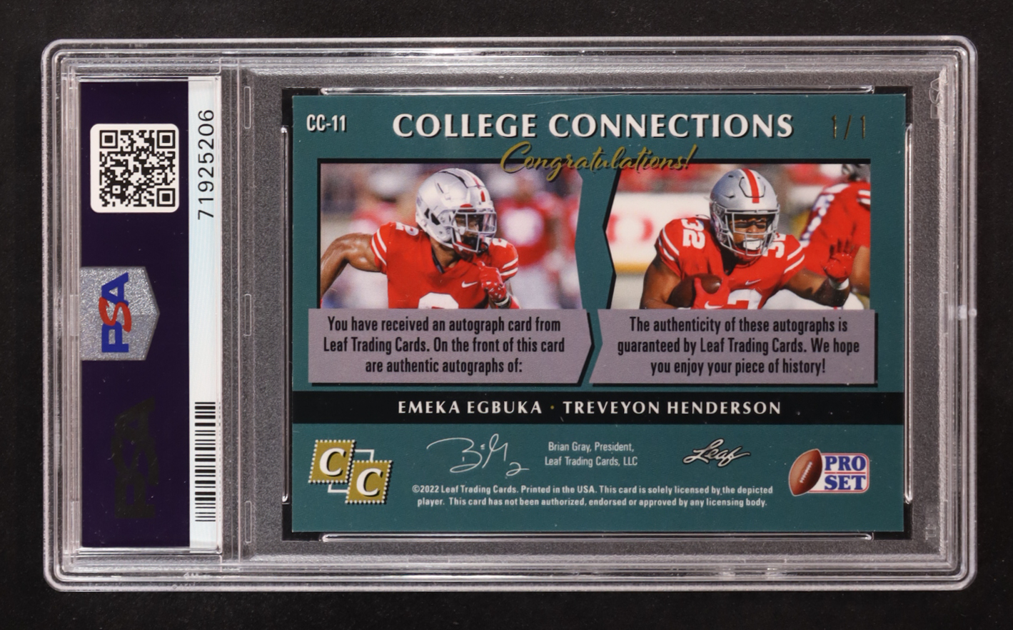Treveyon Henderson / Emeka Egbuka 2022 Leaf Pro Set Metal College Connections Snake Skin Prismatic Dual Autographs #CC-11 RC #1/1 (PSA 9) at PristineAuction.com Treveyon Henderson / Emeka Egbuka 2022 Leaf Pro Set Metal College Connections Snake Skin Prismatic Dual Autographs #CC-11 RC #1/1 (PSA 9) at PristineAuction.com