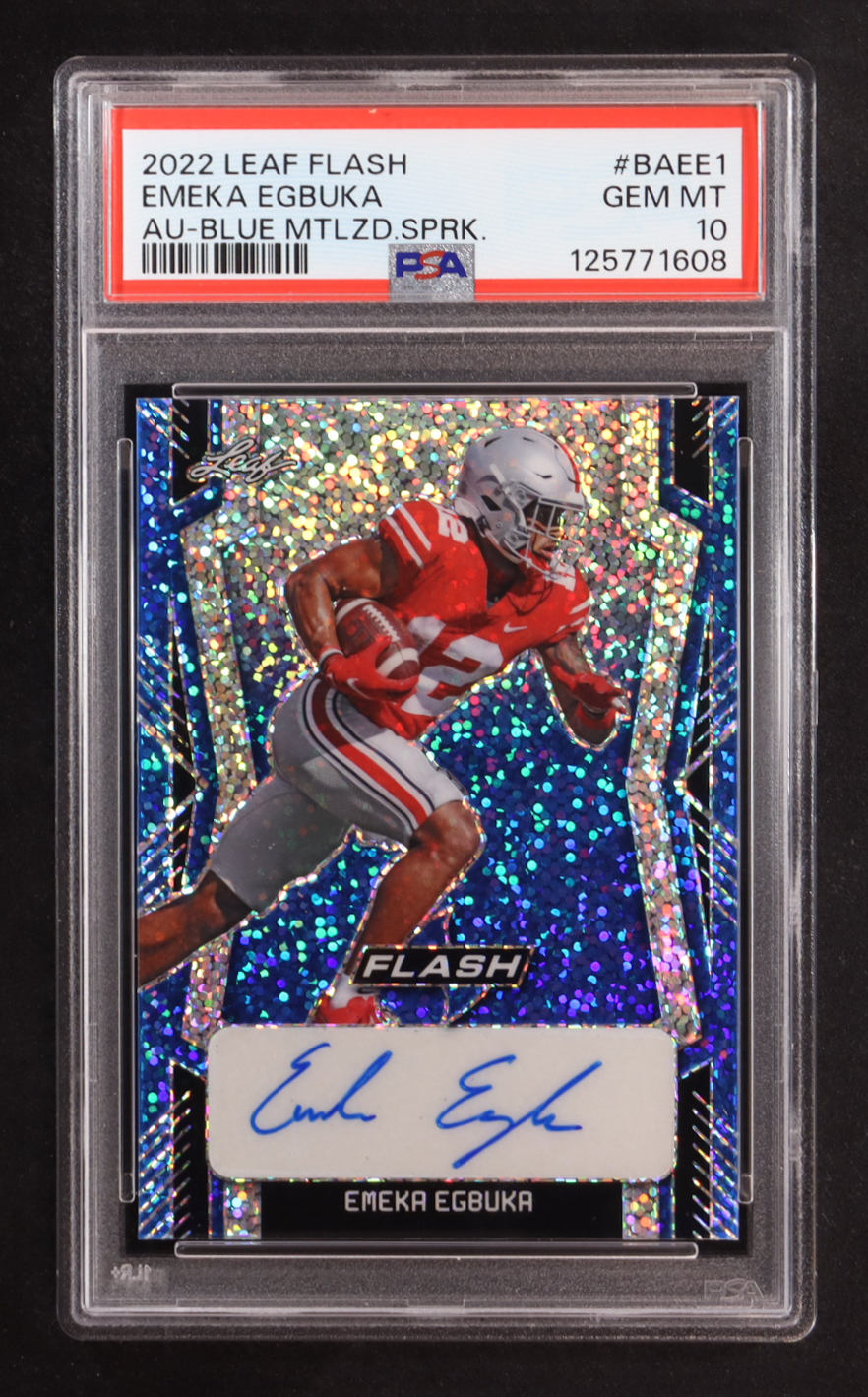 Emeka Egbuka 2022 Leaf Flash Blue Sparkle Metalized Autographs #BAE-EE1 RC #21/25 (PSA 10) at PristineAuction.com Emeka Egbuka 2022 Leaf Flash Blue Sparkle Metalized Autographs #BAE-EE1 RC #21/25 (PSA 10) at PristineAuction.com
