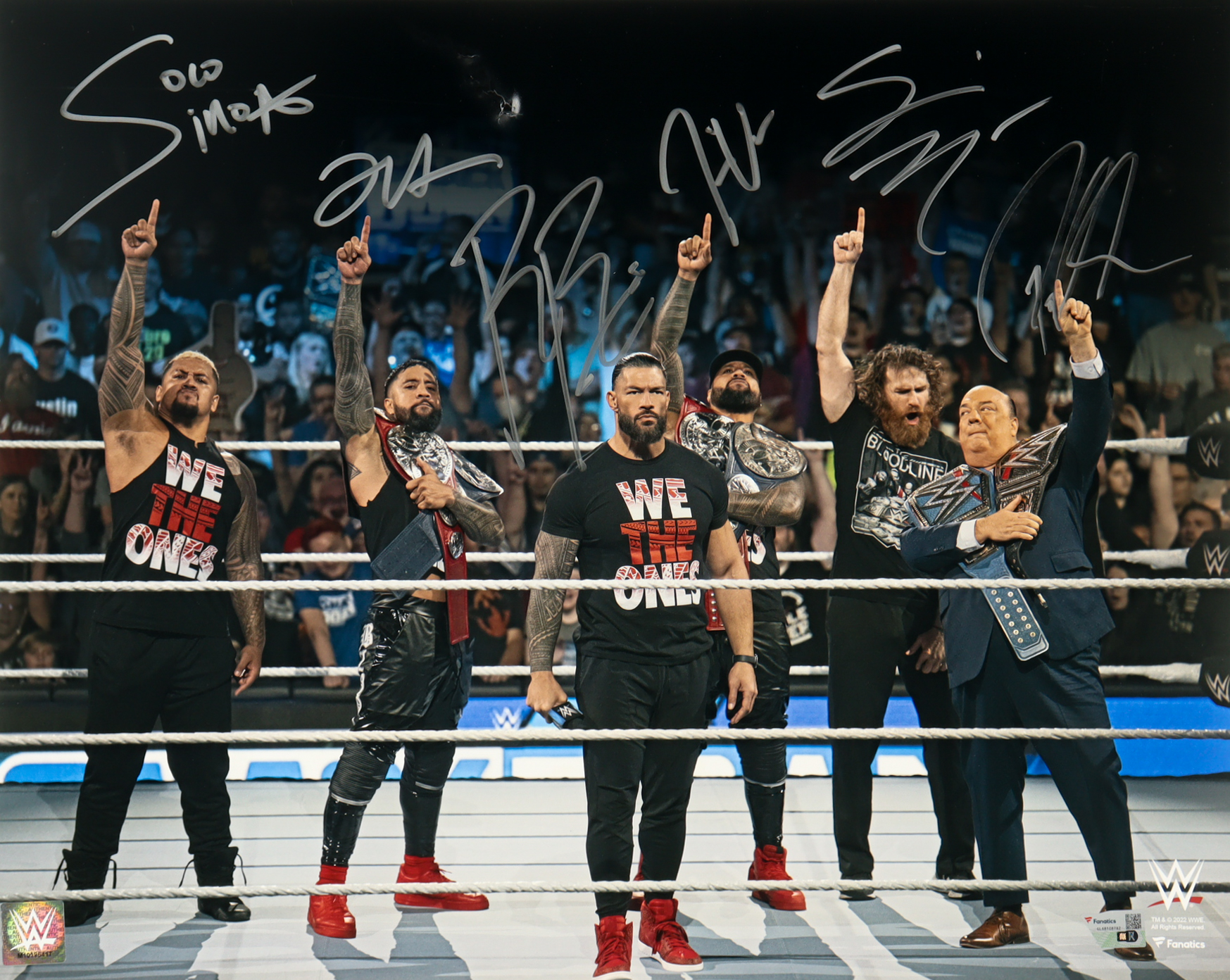 "The Bloodline" WWE 16x20 Photo Signed By (6) With Roman Reigns, Sami Zayn, Jey Uso, Paul Heyman (Fanatics) at PristineAuction.com "The Bloodline" WWE 16x20 Photo Signed By (6) With Roman Reigns, Sami Zayn, Jey Uso, Paul Heyman (Fanatics) at PristineAuction.com