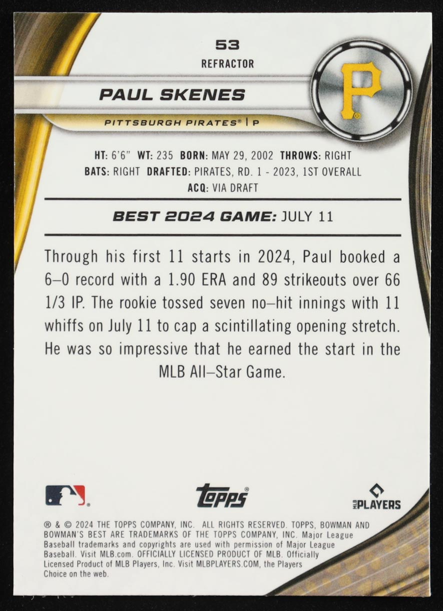 Paul Skenes 2024 Bowman's Best Refractors #53 RC at PristineAuction.com Paul Skenes 2024 Bowman's Best Refractors #53 RC at PristineAuction.com