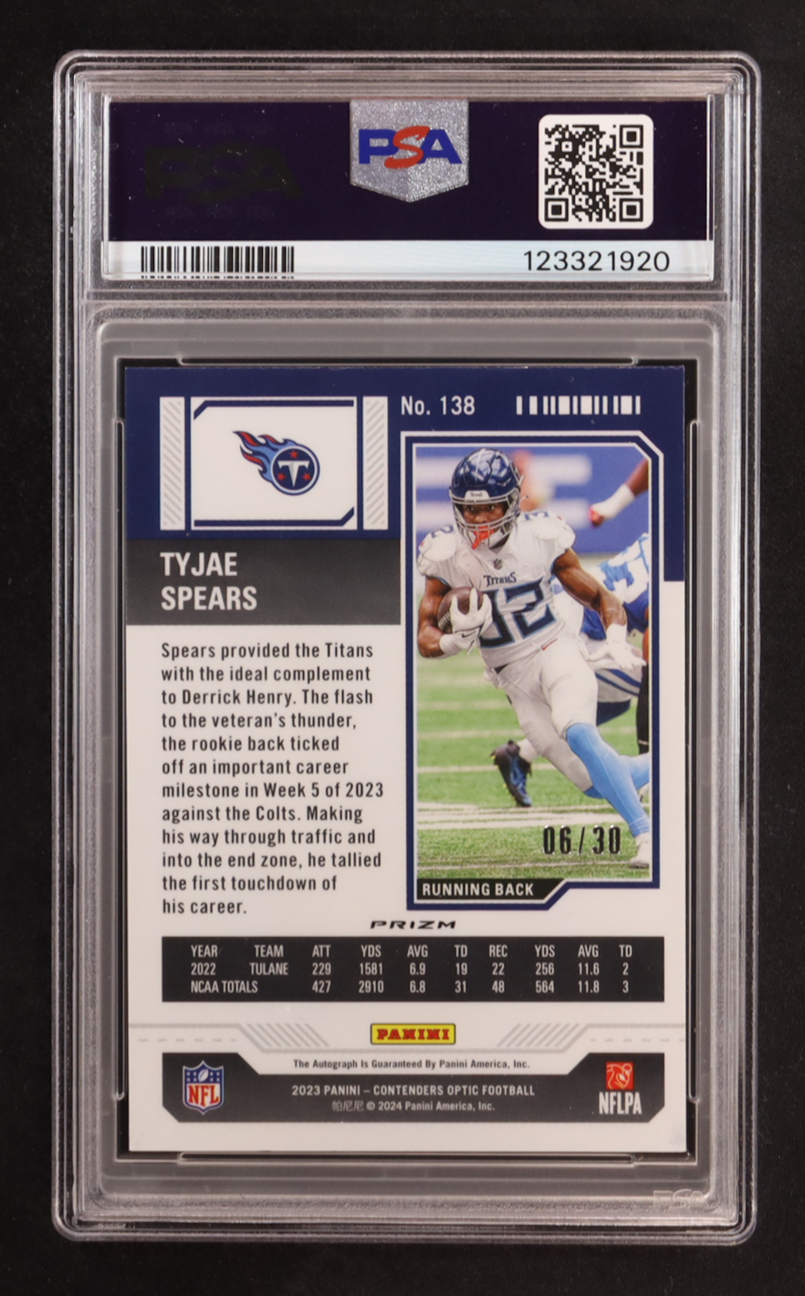 Tyjae Spears 2023 Panini Contenders Optic Green Pulsar Rookie Ticket Auto #138 RC #06/30 (PSA 10) at PristineAuction.com Tyjae Spears 2023 Panini Contenders Optic Green Pulsar Rookie Ticket Auto #138 RC #06/30 (PSA 10) at PristineAuction.com