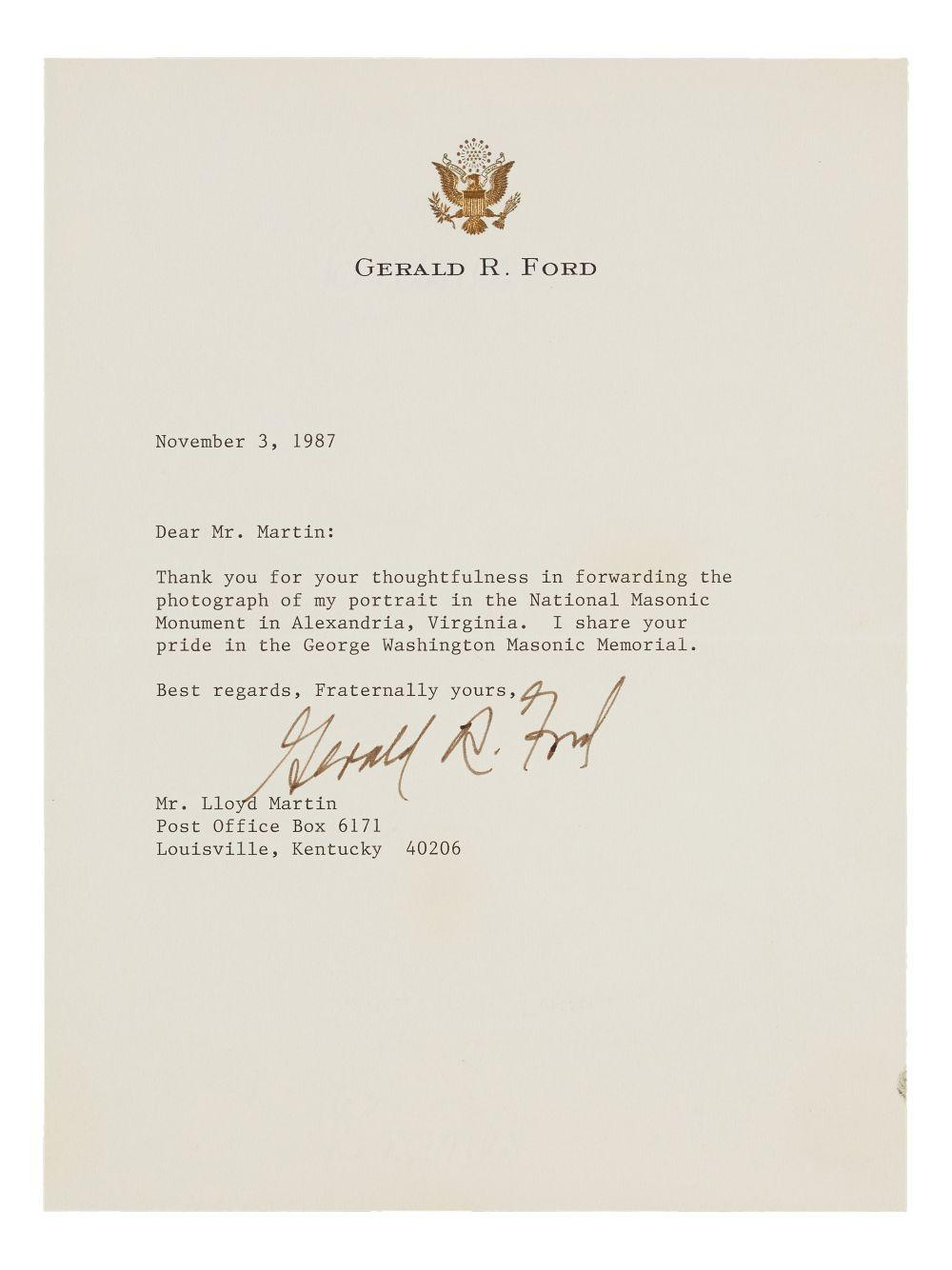 President Gerald Ford Signed 1987 Typed Letter (Beckett) at PristineAuction.com President Gerald Ford Signed 1987 Typed Letter (Beckett) at PristineAuction.com