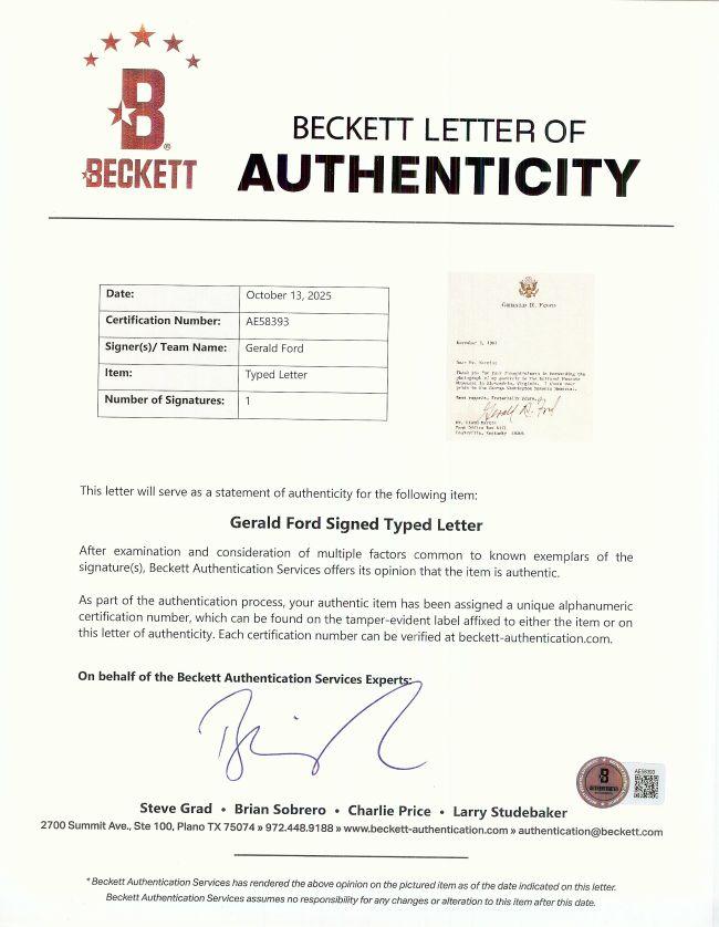President Gerald Ford Signed 1987 Typed Letter (Beckett) at PristineAuction.com President Gerald Ford Signed 1987 Typed Letter (Beckett) at PristineAuction.com