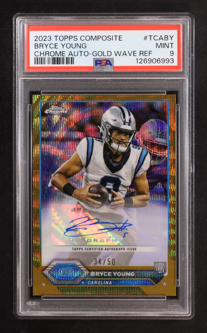 Bryce Young 2023 Topps Composite Chrome Gold Wave Refractor Variation Autograph #TCA-BY RC #34/50 (PSA 9) at PristineAuction.com Bryce Young 2023 Topps Composite Chrome Gold Wave Refractor Variation Autograph #TCA-BY RC #34/50 (PSA 9) at PristineAuction.com