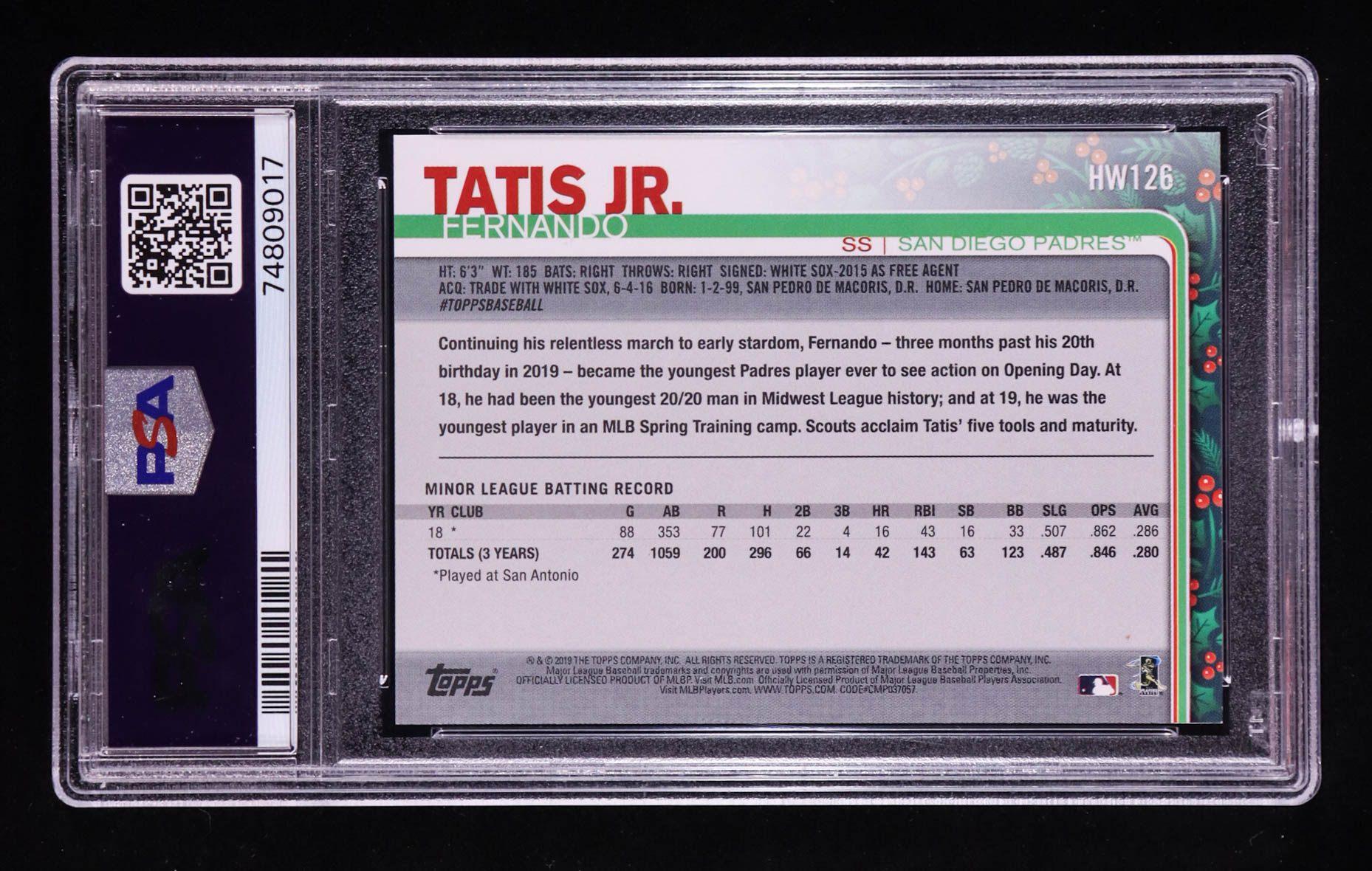 Fernando Tatis Jr. 2019 Topps Walmart Holiday #HW126 RC (PSA 9) at PristineAuction.com Fernando Tatis Jr. 2019 Topps Walmart Holiday #HW126 RC (PSA 9) at PristineAuction.com
