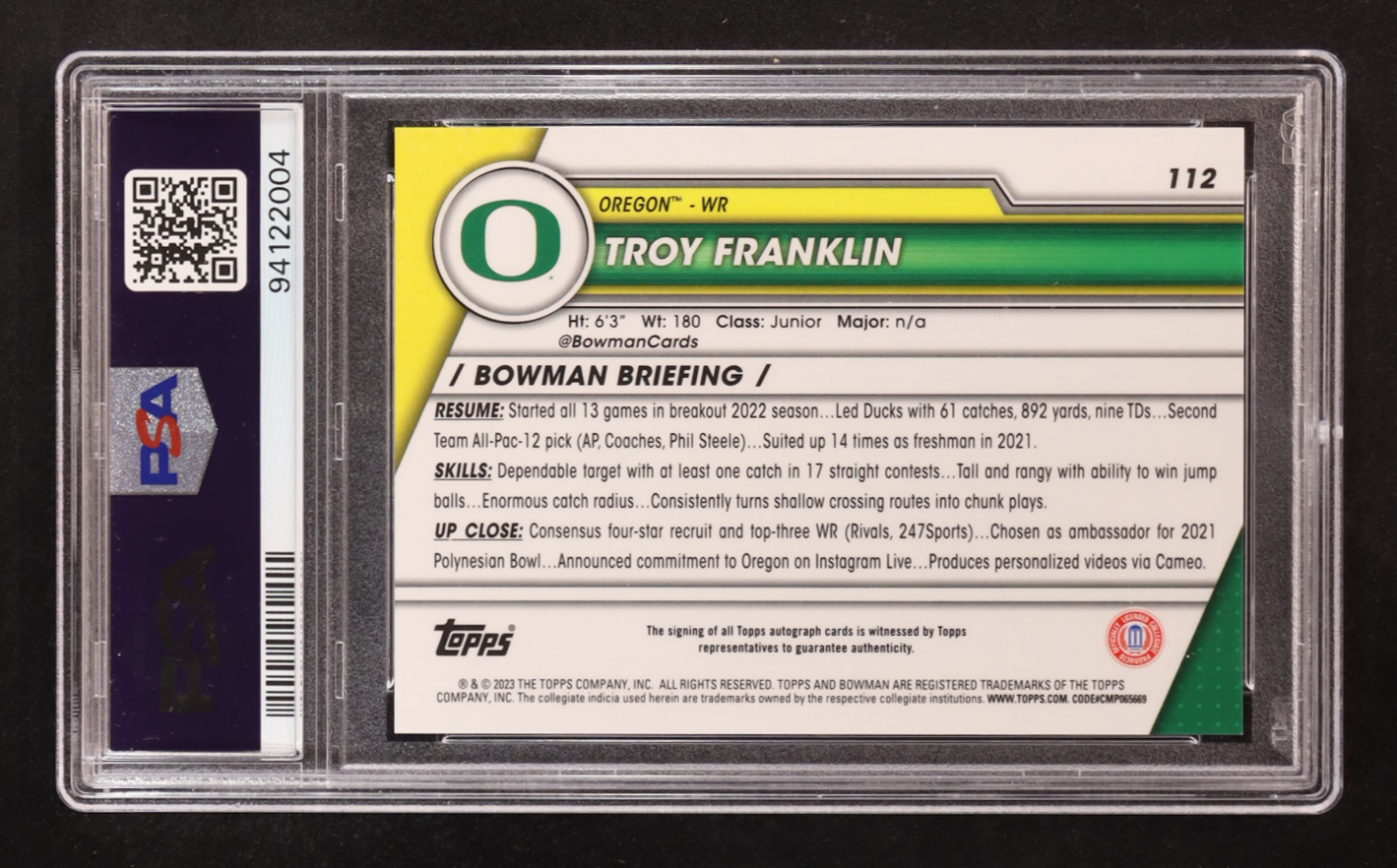 Troy Franklin 2023 Bowman U Chrome Autograph #112 RC (PSA 10) at PristineAuction.com Troy Franklin 2023 Bowman U Chrome Autograph #112 RC (PSA 10) at PristineAuction.com