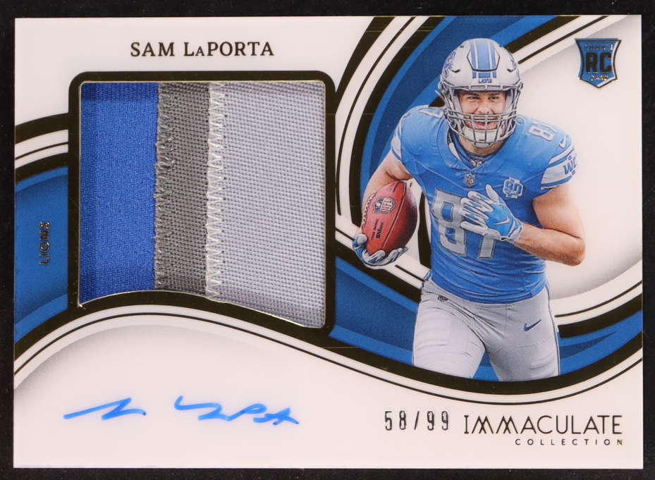 Sam LaPorta 2023 Immaculate Collection Premium Rookie Patch Autographs #21 #58/99 RC at PristineAuction.com Sam LaPorta 2023 Immaculate Collection Premium Rookie Patch Autographs #21 #58/99 RC at PristineAuction.com